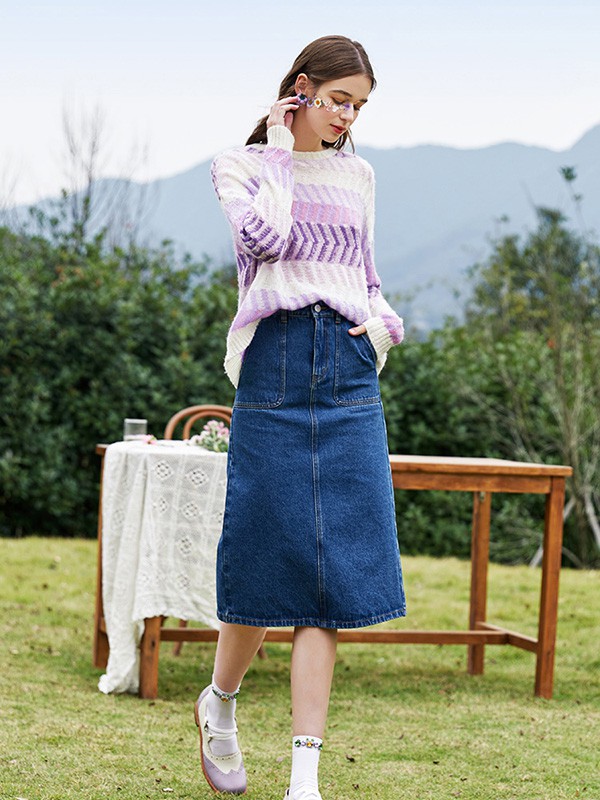 禹妃2022春夏季藏蓝色纯色半身裙