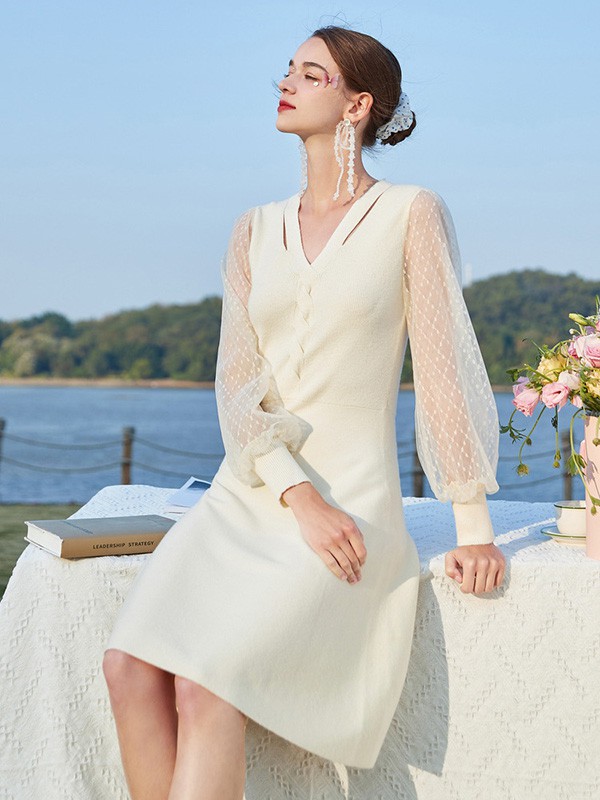 禹妃2022春夏季白色纯色连衣裙