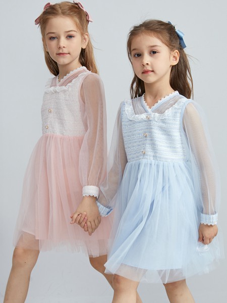 笛莎2021秋冬季蓝色纱网连衣裙