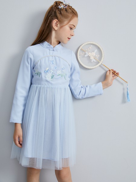 笛莎2021秋冬季蓝色纱网连衣裙