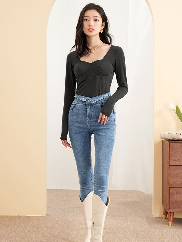 拉夏贝尔女装2022春夏季蓝色纯色长裤