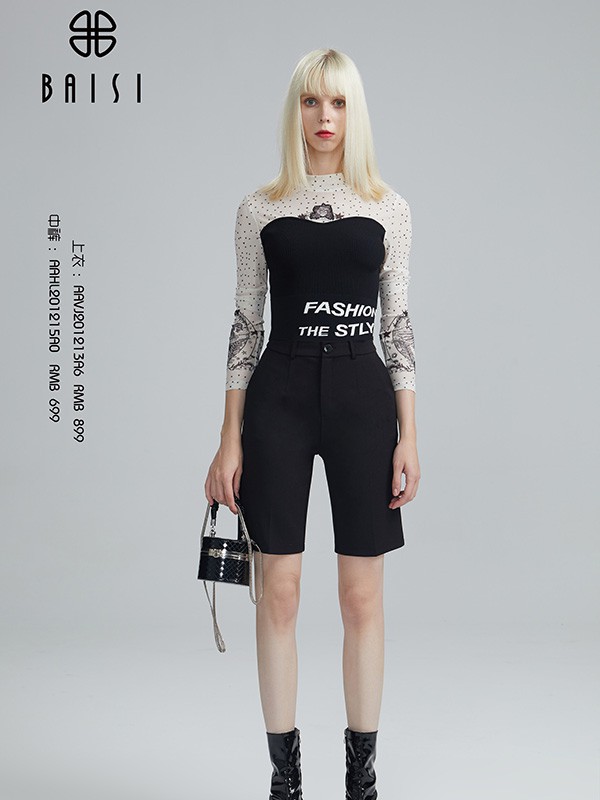 百丝女装2022春夏季黑色纯色短裤