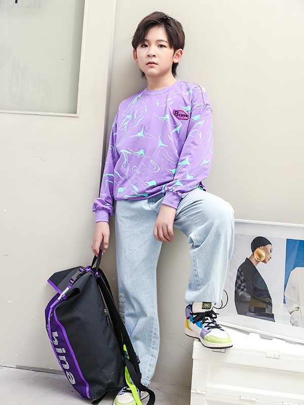 糖果布丁2022春夏季紫色印花T恤