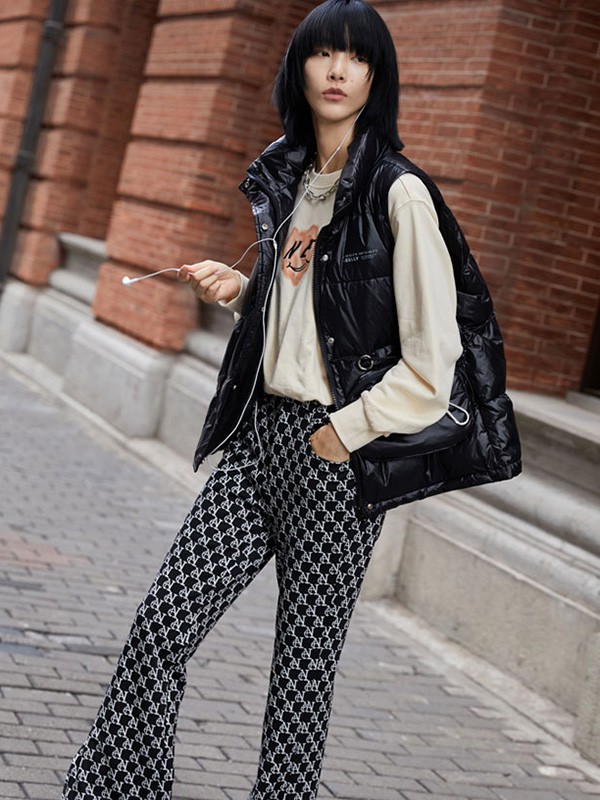 纳俪2021秋冬季黑色印花阔腿裤