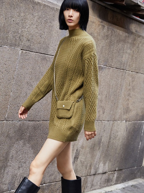 纳俪2021秋冬季绿色高领毛衣裙