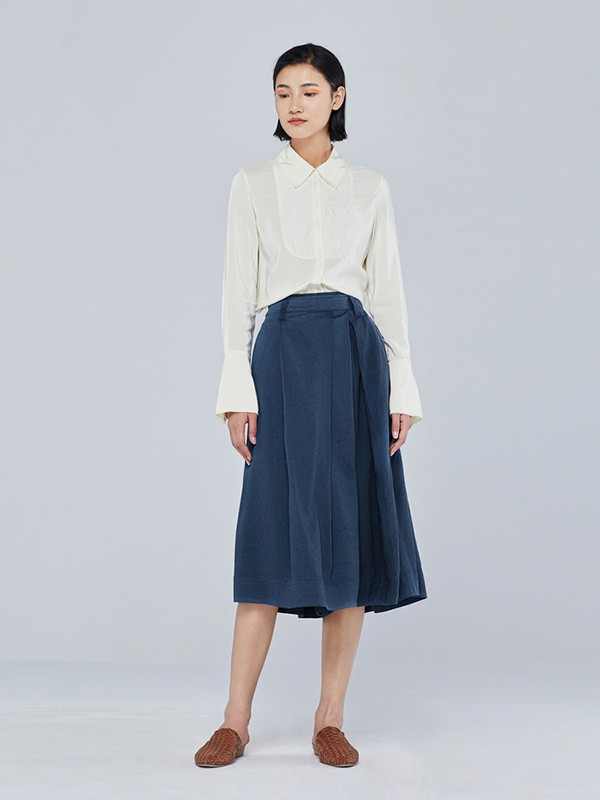 例外2022春夏季藏蓝色纯色半身裙