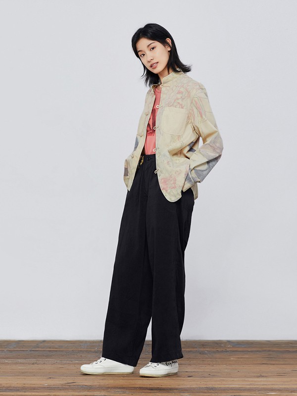 例外2022春夏季黑色纯色阔腿裤