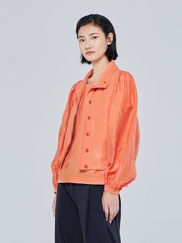 例外2022春夏季橙色纯色衬衫