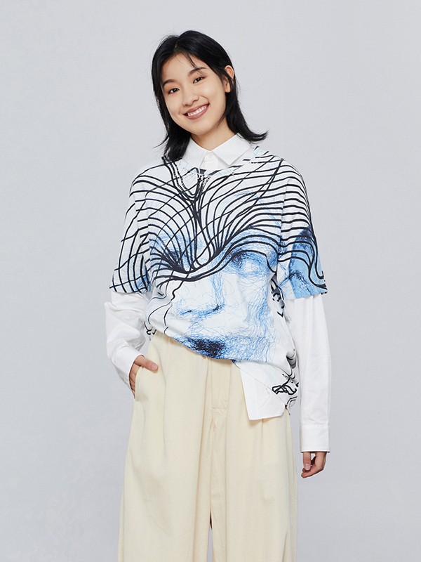 例外2022春夏季白色印花上衣