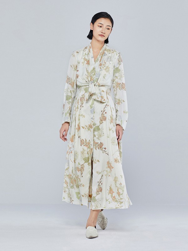 例外2022春夏季白色印花连衣裙