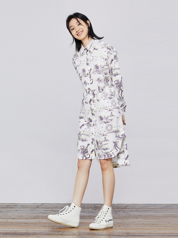 例外2022春夏季白色印花连衣裙