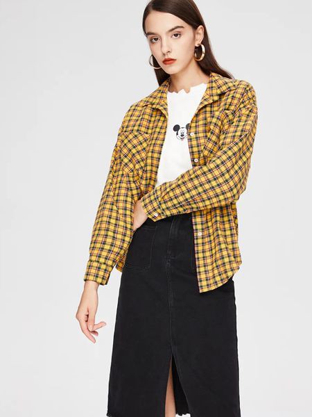 MOODEVER女装2022春夏季黄色格子衬衫