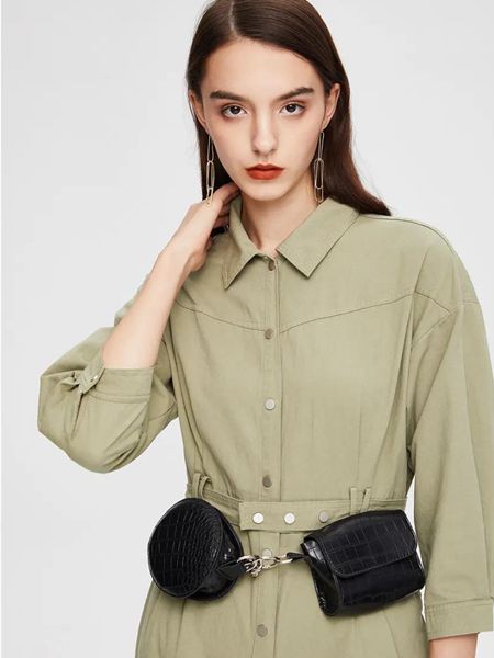 MOODEVER女装2022春夏季绿色纯色衬衫裙