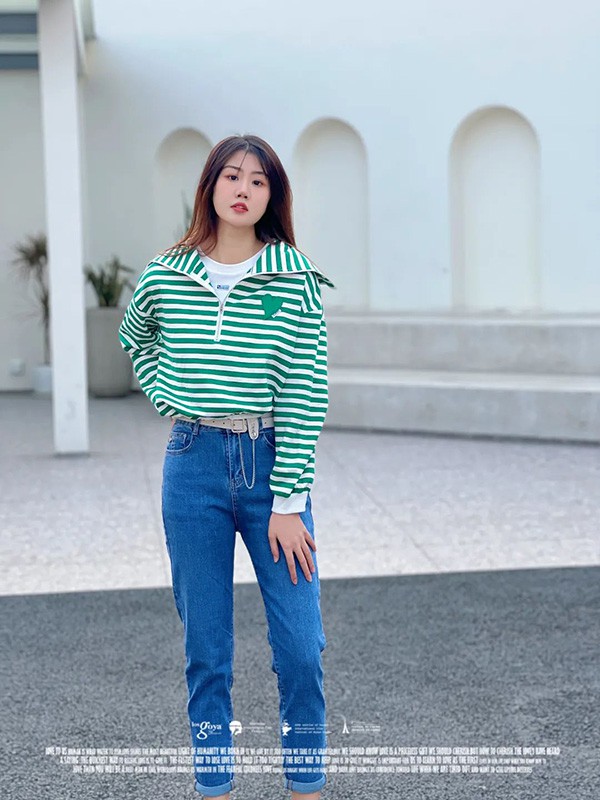 街调2022春夏季绿色条纹polo衫