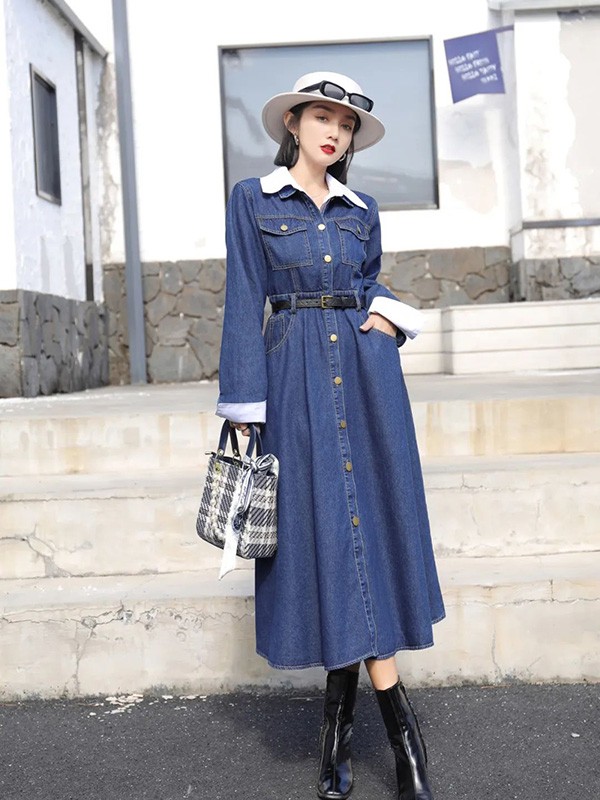 迷境女装2022春夏季藏蓝色长款连衣裙