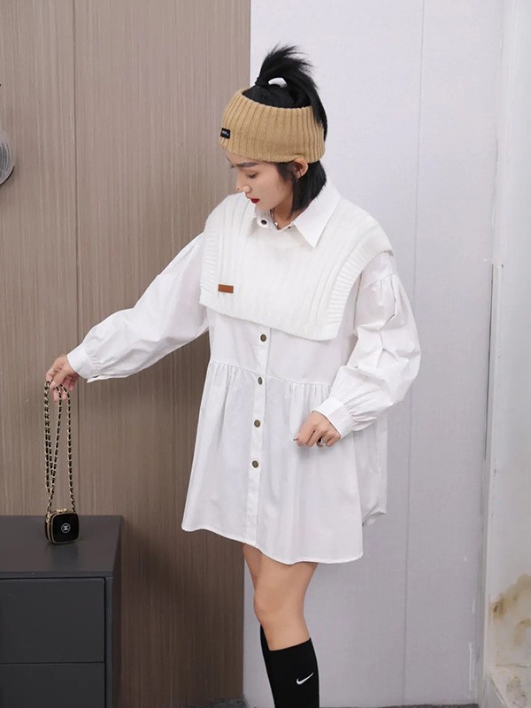 迷境女装2021春夏季白色娃娃领衬衫裙