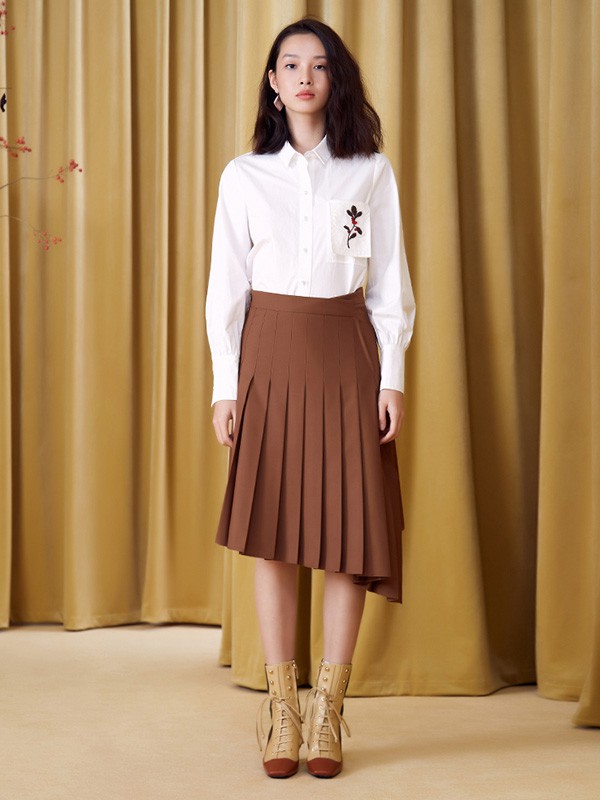 CC&DD女装2022春夏季咖啡色不对称百褶裙