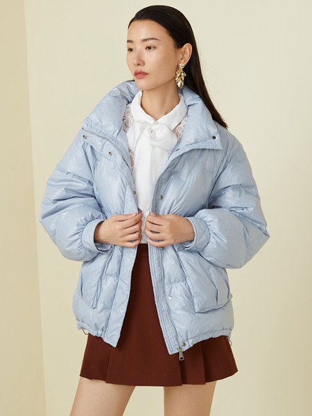 奥伦提女装2021秋冬季蓝色纯色羽绒服