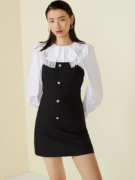 奥伦提女装2021秋冬季藏蓝色娃娃领衬衫