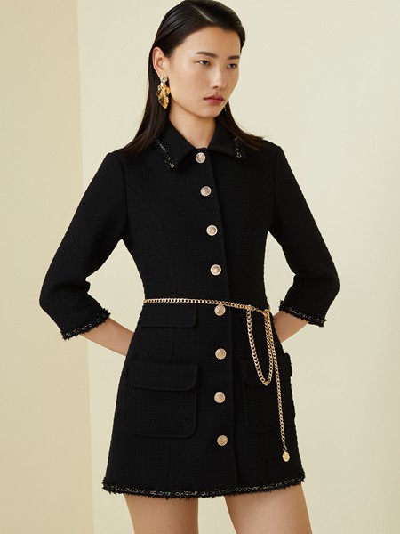 奥伦提女装2021秋冬季黄色纯色衬衫裙