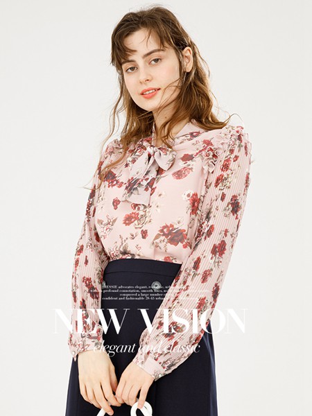 杰西2022春夏季粉色印花雪纺衫