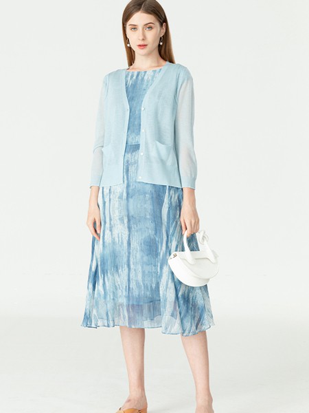 杰西2022春夏季蓝色印花连衣裙