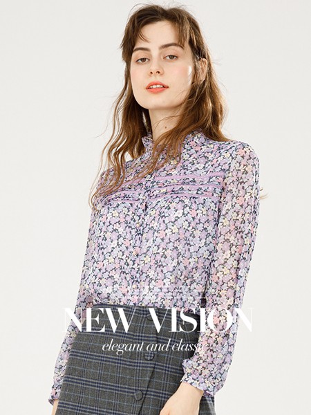 杰西2022春夏季紫色印花雪纺衫