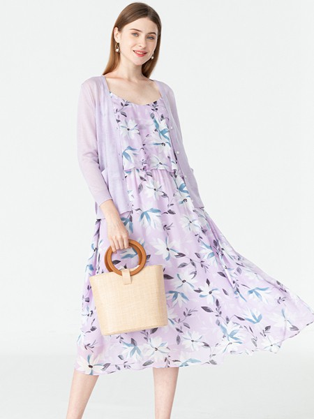 杰西2022春夏季紫色印花连衣裙