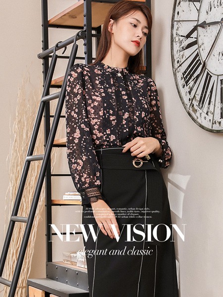 杰西女装2022春夏季黑色印花雪纺衫