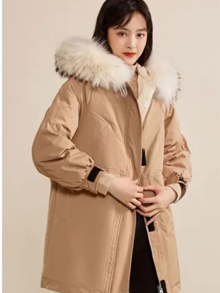 费依女装2021秋冬季卡其色带毛领派克服