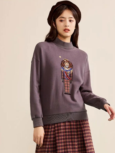 费依女装2021秋冬季紫色印花毛衣