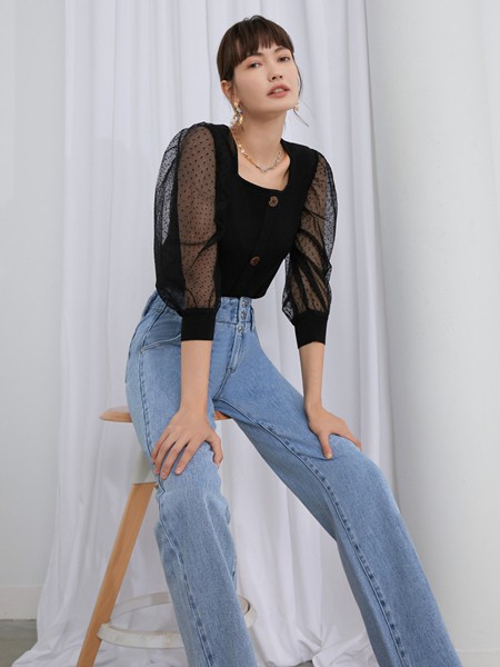 伊布都2022春夏季蓝色高腰长裤