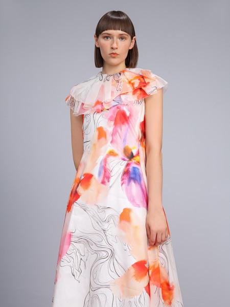 卡汶2022春夏季白色印花连衣裙