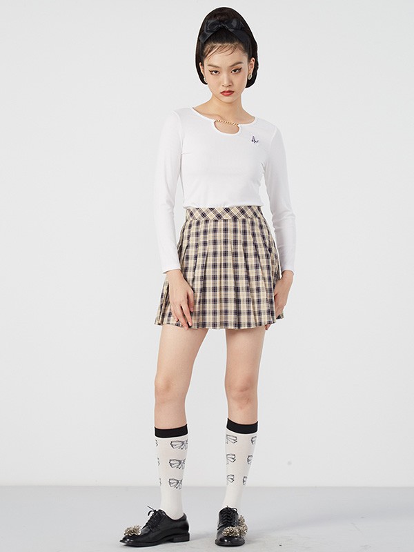 CC&DD女装2022春夏季白色格子百褶裙