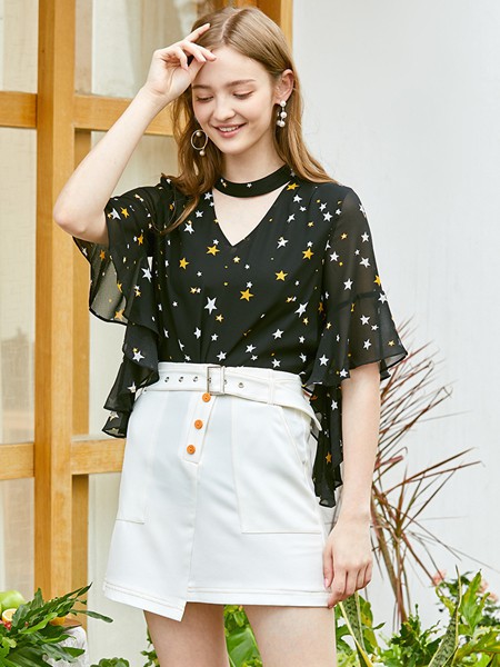 朵以2022春夏季黑色波点雪纺衫