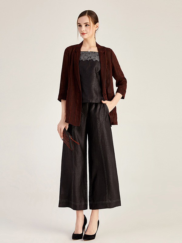 天意女装2021秋冬季黑色纯色阔腿裤