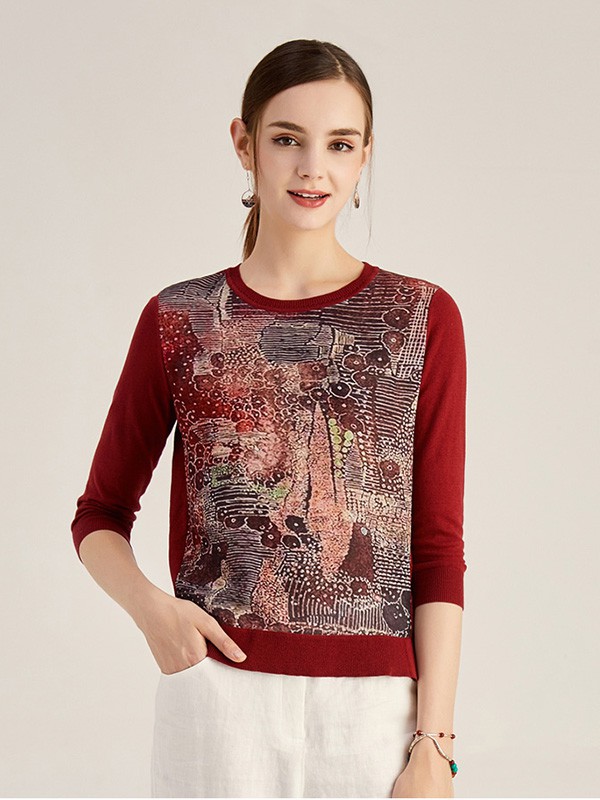 天意女装2021秋冬季酒红色印花上衣