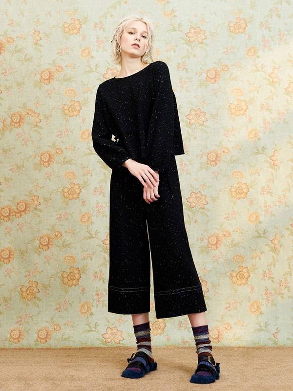 犁人坊女装2021秋冬季黑色纯色阔腿裤