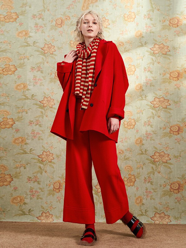 犁人坊女装2021秋冬季红色纯色大衣