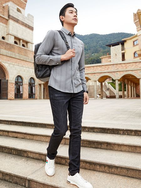 老爷车男装2022春夏季灰色条纹衬衫