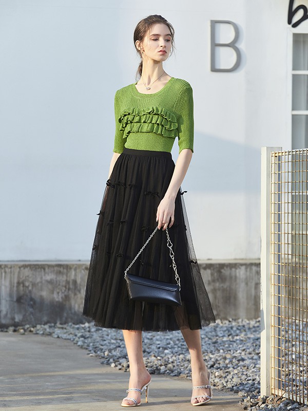 圣多衣2022春夏季绿色荷叶边针织衫