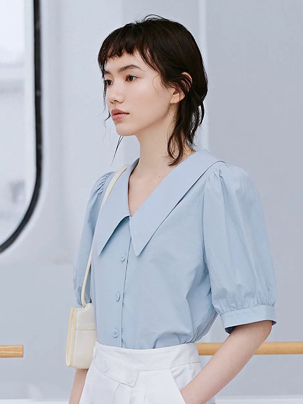 UAU女装2022春夏季蓝色纯色上衣