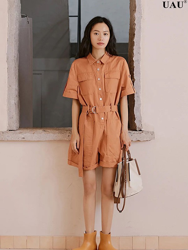 UAU女装2022春夏季橙色收腰连体裤