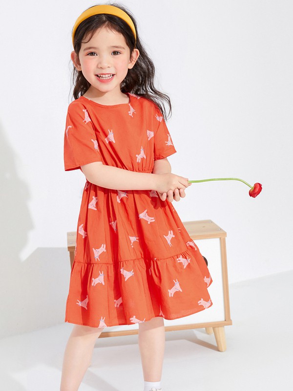 巴拉巴拉2022春夏季橙色印花连衣裙