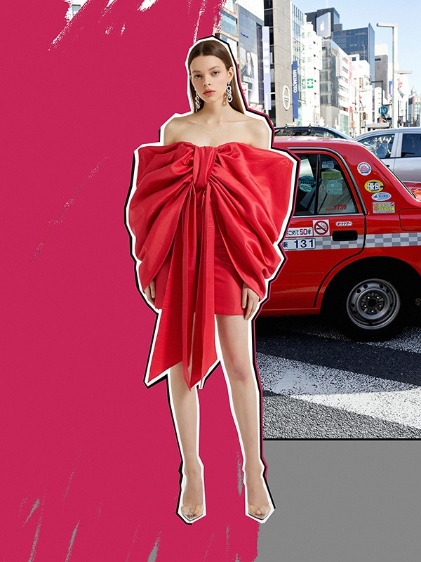 MYMO2022春夏季红色蝴蝶结连衣裙