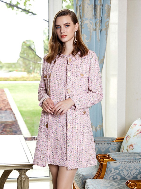 木帛2021秋冬季粉色格子大衣