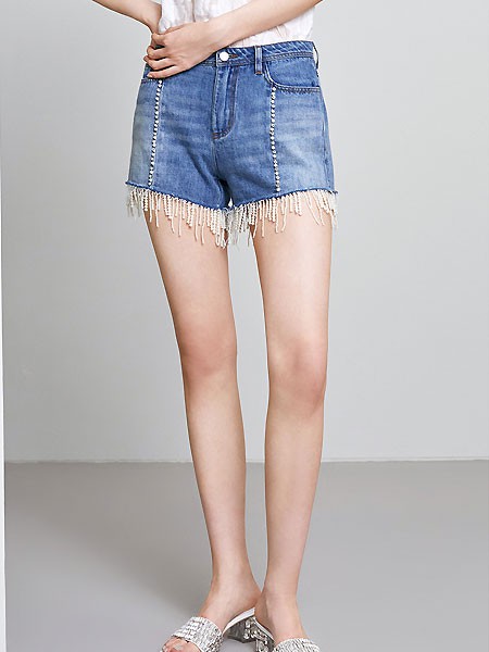 红袖女装2022春夏季蓝色流苏短裤