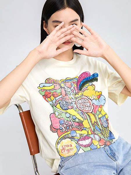 红袖女装2022春夏季白色印花T恤