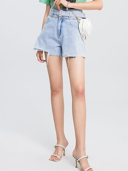 红袖女装2022春夏季蓝色纯色短裤