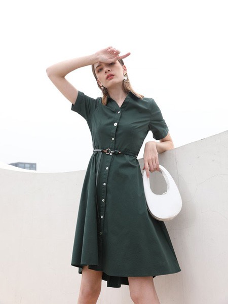 吉米赛欧2022春夏季绿色纯色衬衫裙